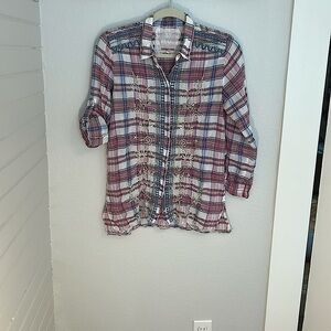 Johnny Was Multicolor Plaid Embroidered Top